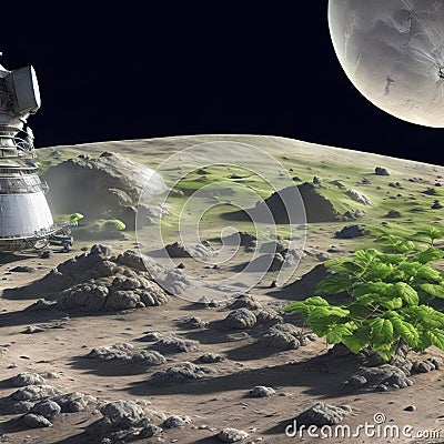 Illustration of a Alien Planet with a Moon and Stars. Stock Photo