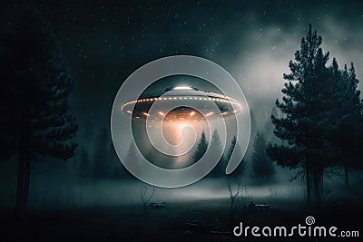 A single UFO Seen with a beam of Light Through Trees Cartoon Illustration