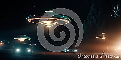 A group of UFOs hovering above a road while cars pass at night Cartoon Illustration