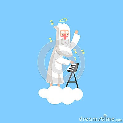 Illustration of almighty bearded god character on fluffy white cloud with halo over his head and playing on synthesizer Vector Illustration