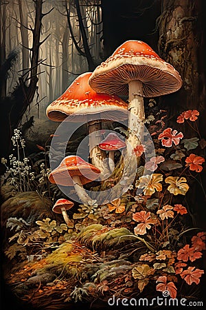Illustration of amanita muscaria mushrooms in the forest. Stock Photo