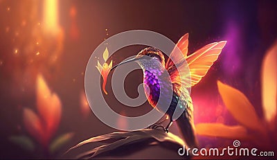 Illustration of an amazing fire lily with a flying rainbow hummingbird Stock Photo