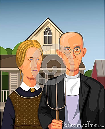 Illustration of American Gothic by Grant Wood 1930 potrait of Farmer with Daughter holding pitchfork in Eldon,Iowa. USA. vector Vector Illustration