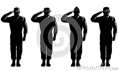 American Soldier Military Serviceman Personnel Silhouette Saluting Silhouette Full Body Isolated Retro Vector Illustration