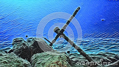 Oil painting of an anchor underwater Stock Photo