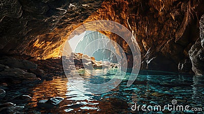 An ancient cave with clear water Cartoon Illustration