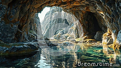 An ancient cave with clear water Cartoon Illustration