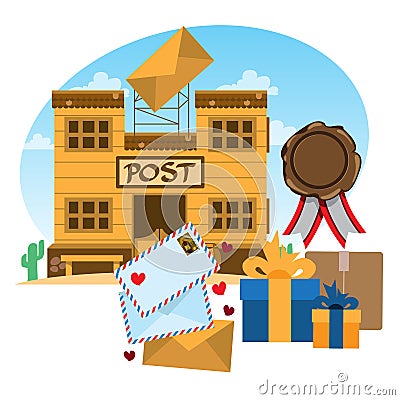 Illustration an ancient post office. Wild West. Envelopes, sealing wax and gifts Stock Photo