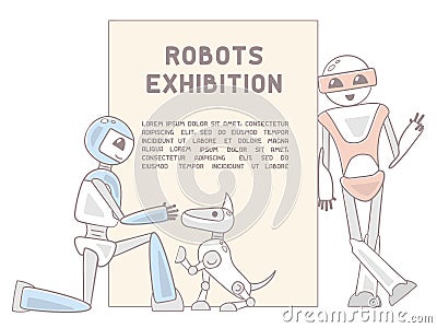 Illustration with androids, robot dog and sample text Vector Illustration