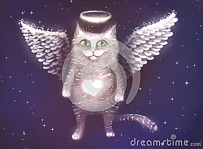 Illustration of an angel cat with wings on the background of the starry sky Stock Photo
