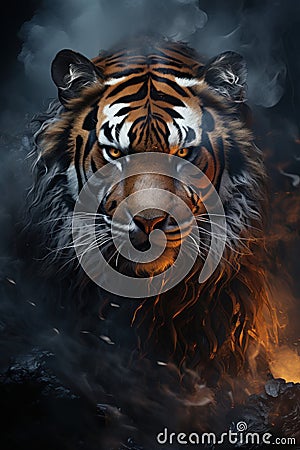 Illustration angry tiger portrait fire and smoke. Animal on a dark background. Generative AI Stock Photo