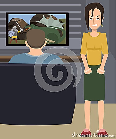 Illustration of angry wife and husband addicted to video games Vector Illustration