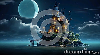 Illustration Animated of house on the island at the middle of ocean and moon scene Stock Photo