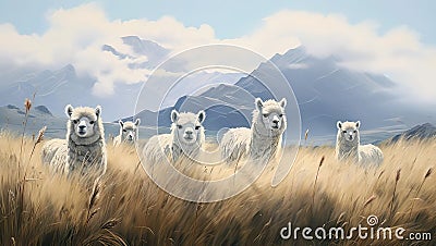 Illustration animated of llama with mountain view Stock Photo