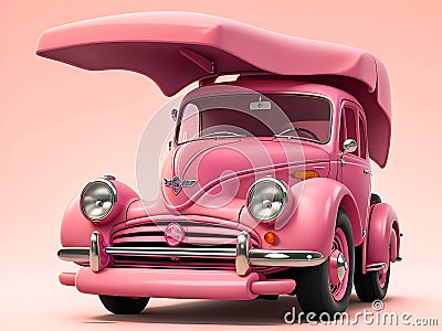 illustration of antique pink car with pink background. Generative AI Cartoon Illustration
