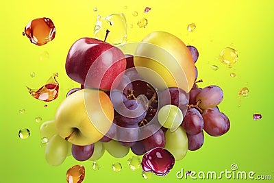illustration, apples and grapes flying with splashes of juice, ai generative Cartoon Illustration