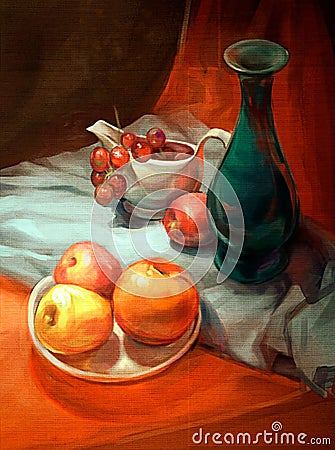 Illustration of apples and grapes on the table Stock Photo