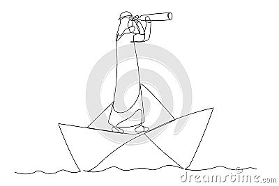 Illustration of arab businessman looks through a telescope standing on paper boat vector, business concept illustration. One Vector Illustration