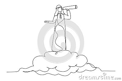 Illustration of arab businessman riding cloud holding telescope or binocular to search for business visionary. Opportunity, vision Vector Illustration