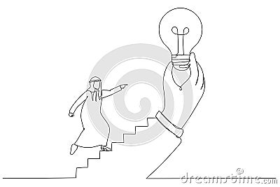 Illustration of arab businessman step on stair of big hand holding inspiring bright lightbulb. Inspiration idea. Single line art Vector Illustration