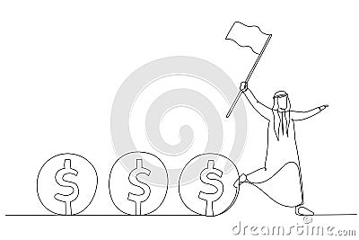 Illustration of arab man leader holding flag control flow of money concept of cash flow. Single line art style Vector Illustration