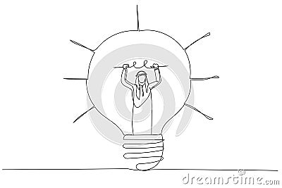 Illustration of arab muslim businessman go inside light bulb to fix or invent new idea metaphor of entrepreneurship. Single Vector Illustration