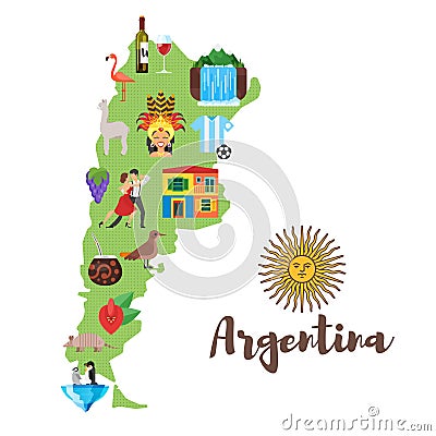 Illustration of Argentina map with Argentinian national cultural symbols. Vector Illustration