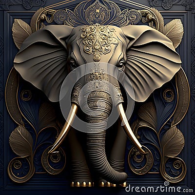 Illustration in art deco style of an elephant. Gold edges and frontal view with ornaments. Symmetric design. Stock Photo