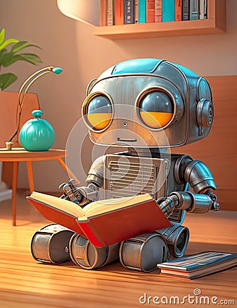 Illustration of Artificial Intelligence small cute robot, training skills and reading books Stock Photo