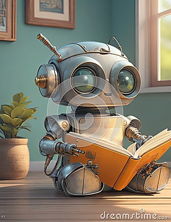 Illustration of Artificial Intelligence small cute robot, training skills and reading books Stock Photo