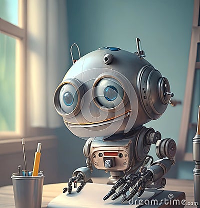 Illustration of Artificial Intelligence small cute robot, training skills working on chores Stock Photo