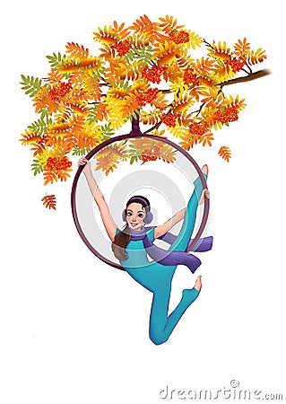 Illustration of an artistic gymnast girl on a gymnastic hoop on an autumn rowan tree in a cartoon style Stock Photo