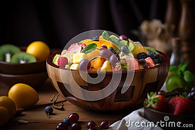 Illustration of assorted, fresh and juicy fruit salad in a bowl. Mixed fruits. Delicious, sweet and tasty. Strawberry, blueberry, Stock Photo