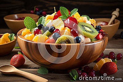 Illustration of assorted, fresh and juicy fruit salad in a bowl. Mixed fruits. Delicious, sweet and tasty. Strawberry, blueberry, Stock Photo