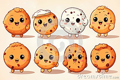 Illustration of assortment of cute cartoon cookies with a smiling expression. National Cookie Day concept Cartoon Illustration