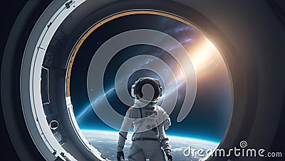 Illustration of an astronaut surfing in space and looking into the window of a spaceship with planet earth in the background Stock Photo