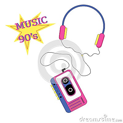 Illustration of an audio player, headphones. 90s retro style. Vector Illustration