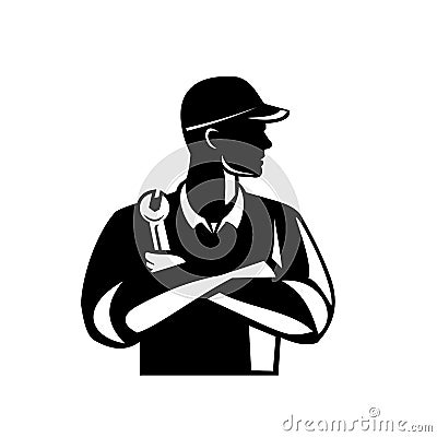 Automotive Mechanic Holding Spanner Arms Crossed Retro Black and White Vector Illustration