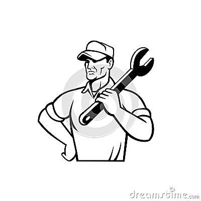 Automotive Mechanic or Aircraft Mechanic Holding Spanner on Shoulder Front View Retro Black and White Vector Illustration