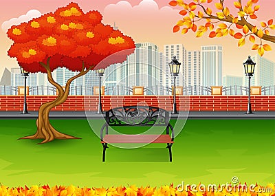 Autumn city park with town building background Vector Illustration