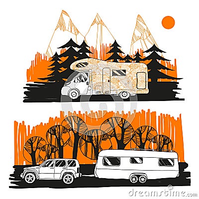 Illustration of autumn landscape with camper van on road top view, motorhome. Family trip. Drawing design for logo trip Vector Illustration