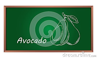 Illustration of Avocado on chalk board. Educational and learning concept. Sketching and doodling style with white chalk Cartoon Illustration