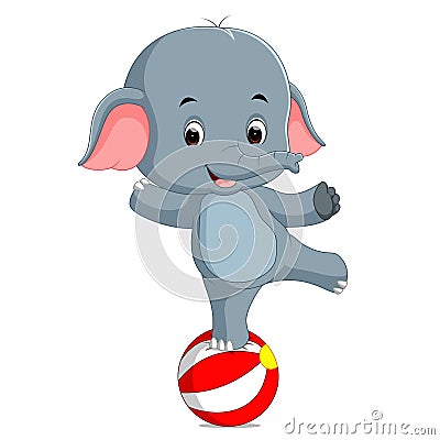 A baby circus elephant balancing on a big ball Vector Illustration