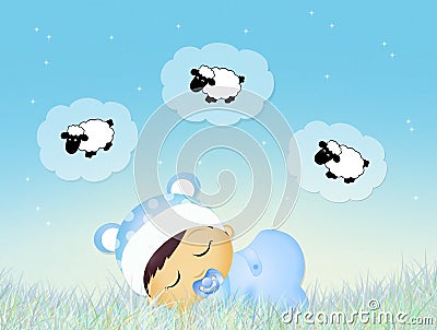 Baby counting sheeps in the night Cartoon Illustration