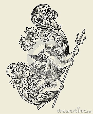 illustration baby demon with engraving ornament antique style Vector Illustration