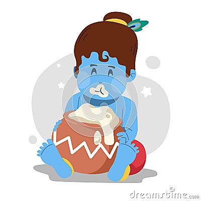 Illustration of baby krishna eating butter Vector illustration. Vector Illustration