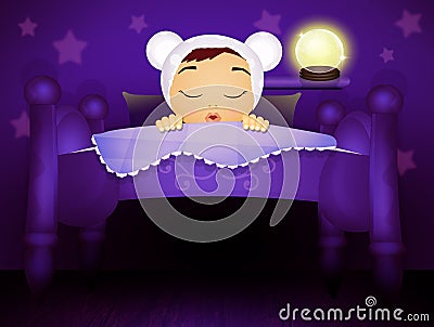 Baby sleeps in bed with stars projected on the wall Stock Photo