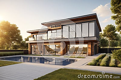 Illustration, back view of modern sustainable house with big windows, wooden house backyard with pool, green grass and trees, Stock Photo