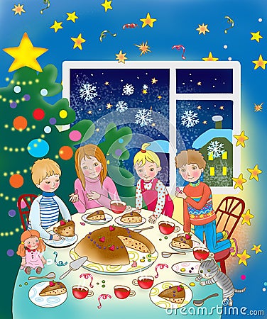 New Year card,Illustration for children`s books, postcard, children drink tea with a Christmas cupcake with a surprise near the Ch Stock Photo