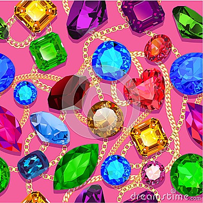 background seamless shiny gems of different cuts and gold chains Vector Illustration